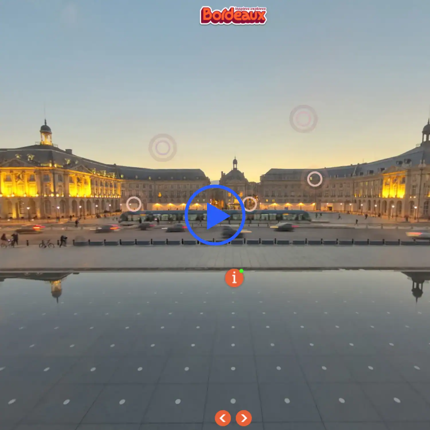 Visite virtuelle 360 de la Place de la Bourse à Bordeaux au coucher du soleil avec navigation interactive