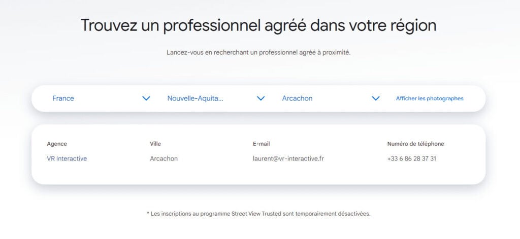 Liste des photographes agréée Google dont VR Interactive fait partie